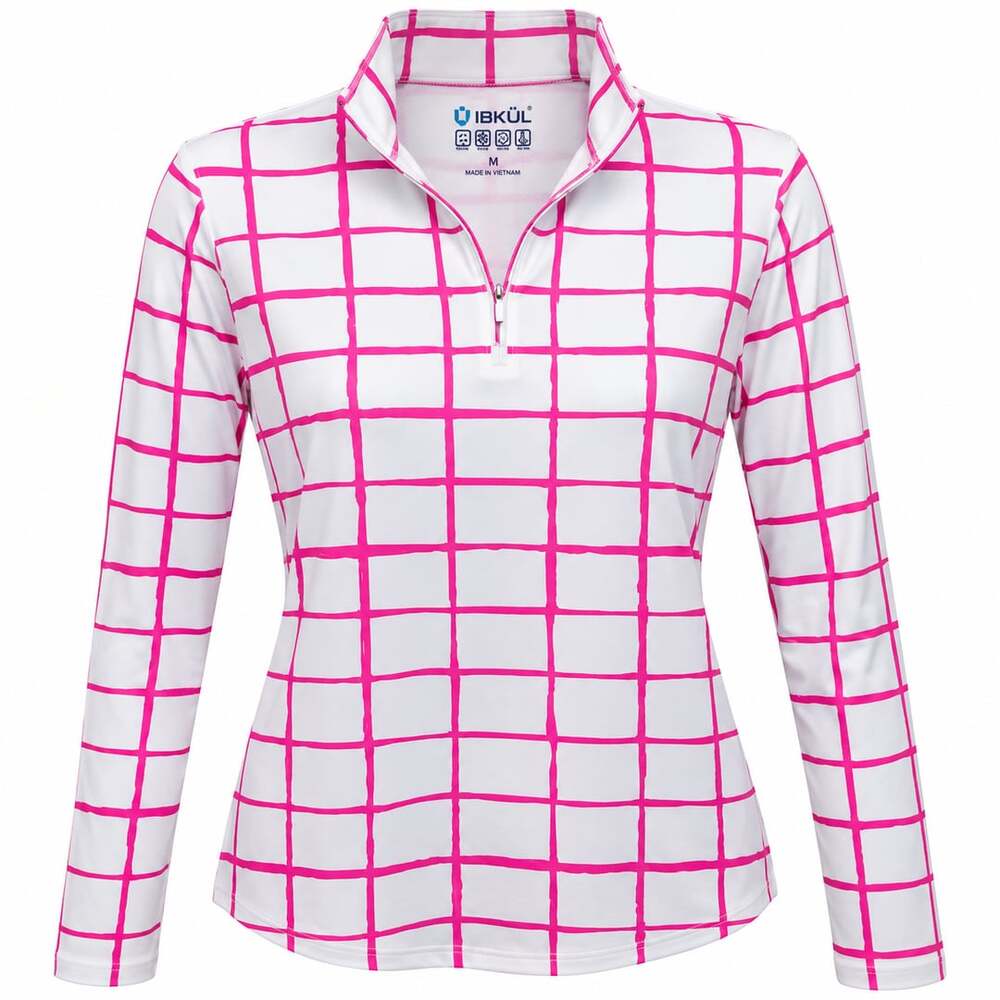IBKUL Cordova Print 1/4 Zip Long Sleeve Golf Tennis Top Pink White